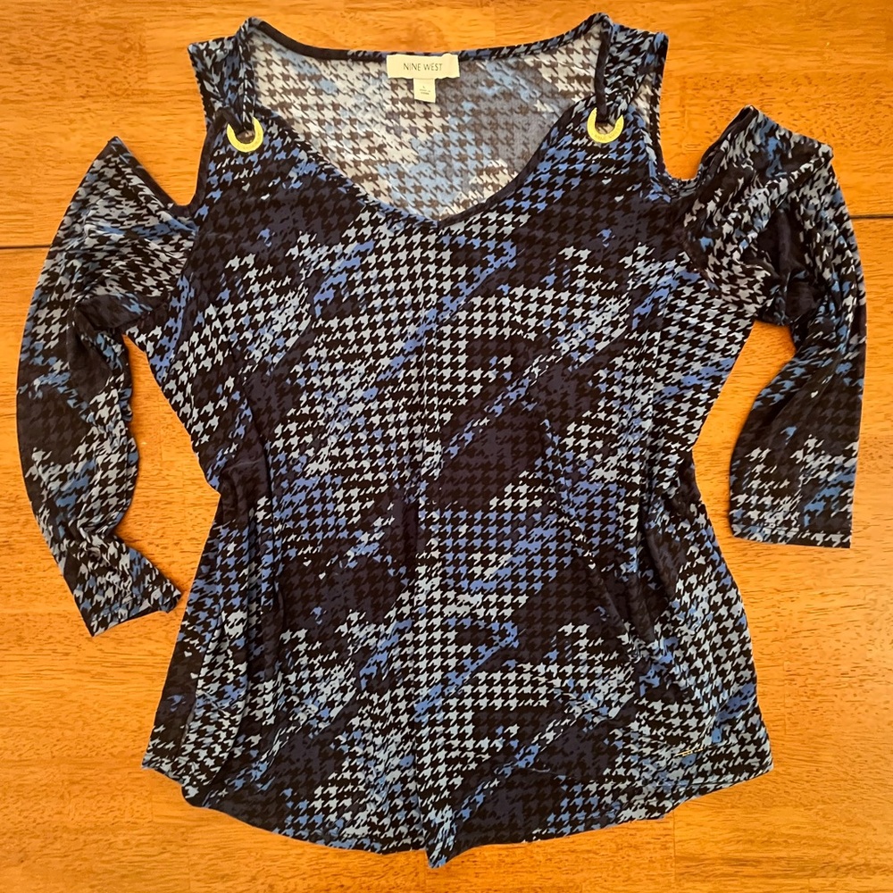 Nine West Women's Top in Blue and Black Houndstooth